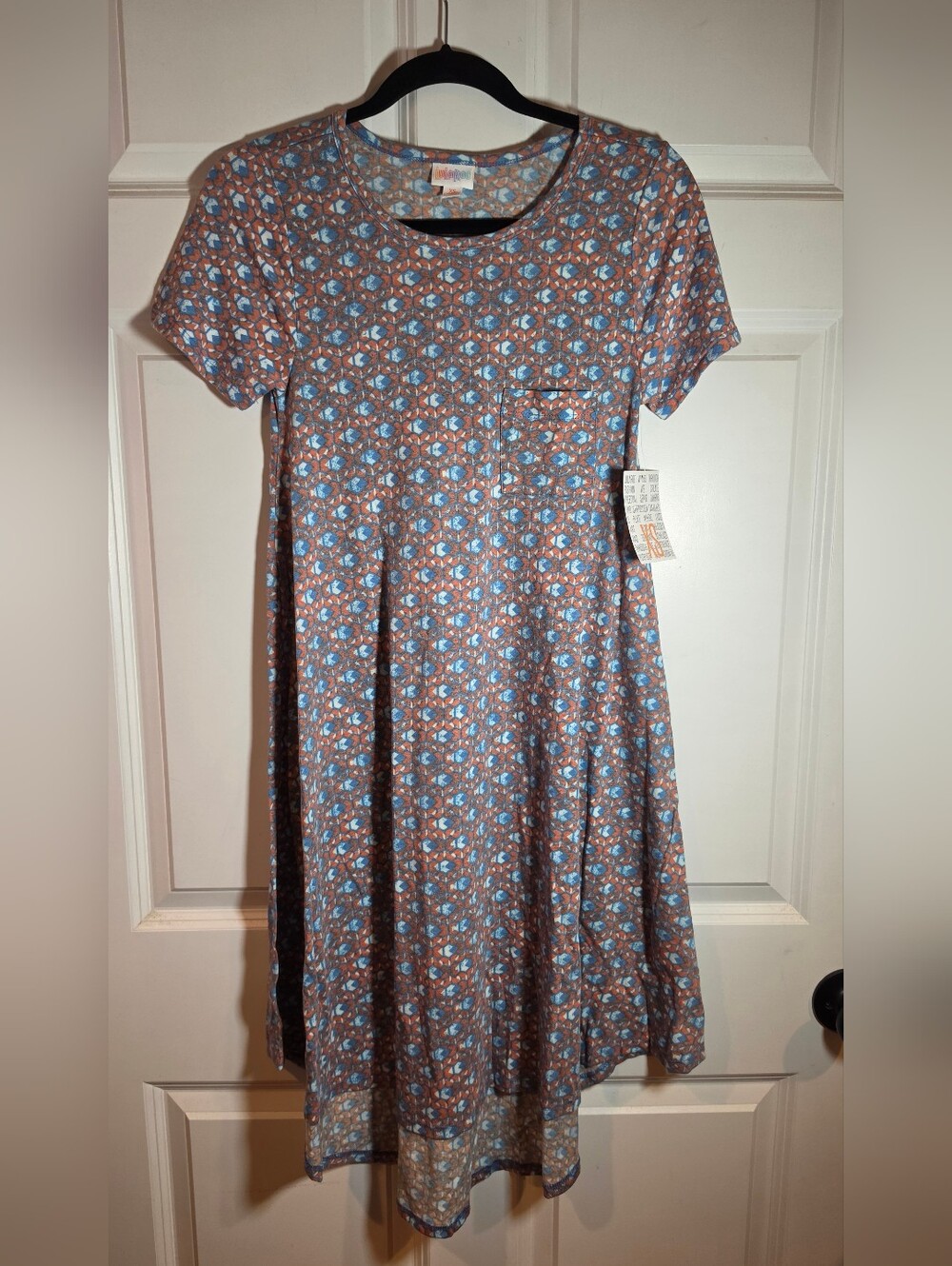 NWT Lularoe Carly Blue Coral Patterned Shoet Sleeve High Low Midi Dress XS